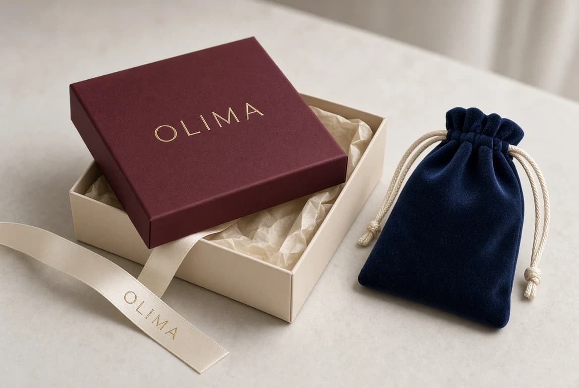 Mockup de caixa da Ólima em tons marfim e vinho, com saquinho azul escuro.